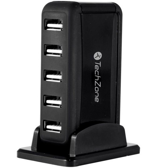 Hub TechZone – 7 puertos USB 2.0, color negro con fuente de poder para el incremento de tasa de transferencia, 1 año de garantía.