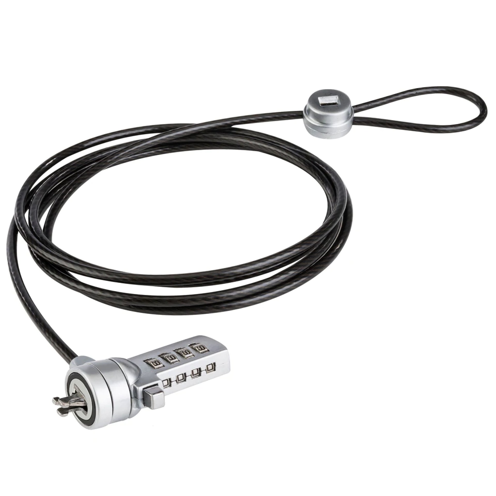 Candado de combinación TechZone con 3 cabezales distintos:  Tipo T-Bar – Wedge Lock, Nano lock, 1.8 m de longitud/3mm, acero inoxidable recubierto en vinil