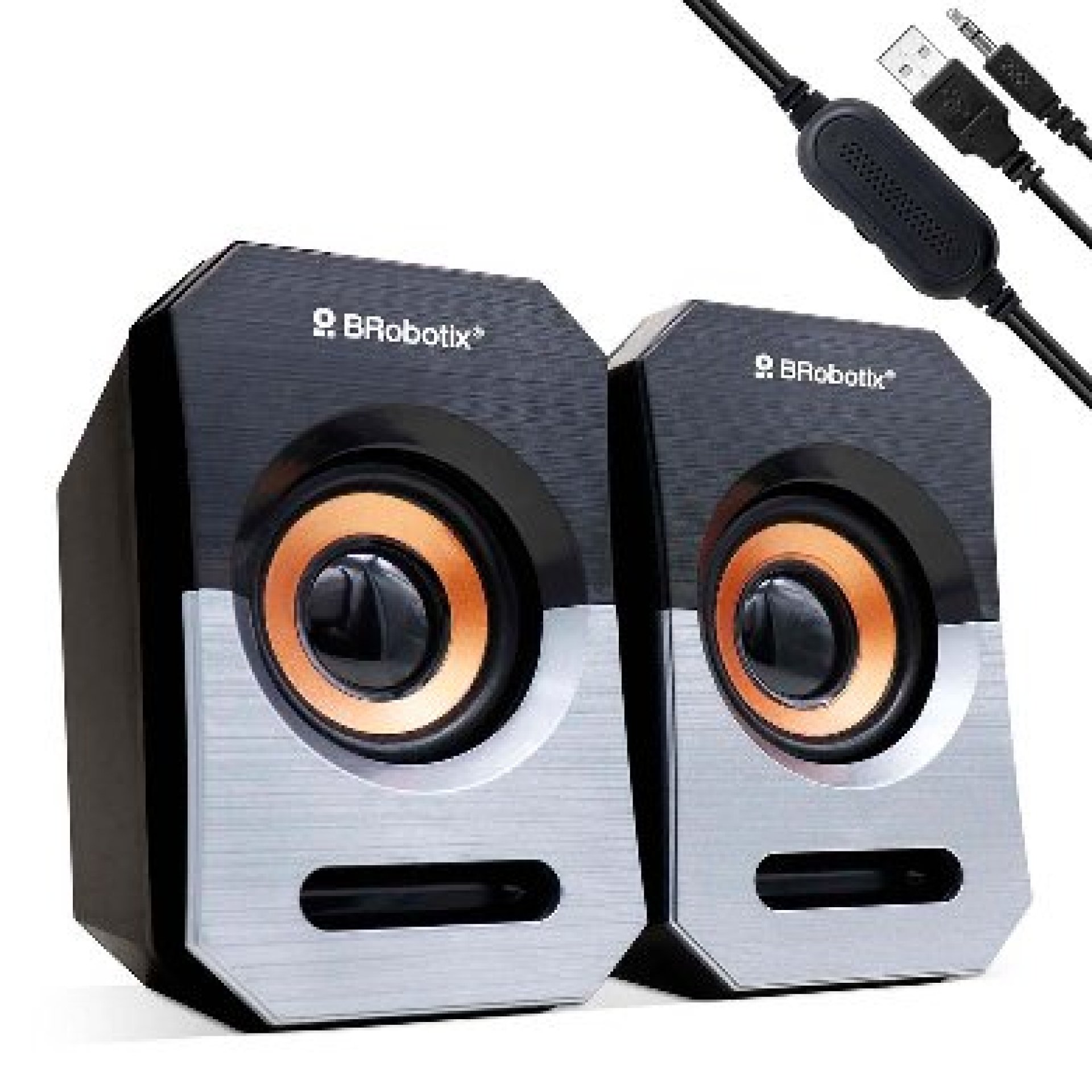 BOCINA ALAMBRICA – STEREO, USB +  3.5 MM, C/CONTROL DE VOLUMEN, ANTIDESLIZANTE, DE ESCRITORIO, P/PC/LAPTOP, NEGRO/PLATA, BROBOTIX 963913