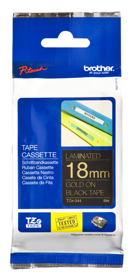 Etiqueta negra continua laminada Brother TZE344 – de 18 mm de ancho x 8 mts de largo. Impresión en dorado.