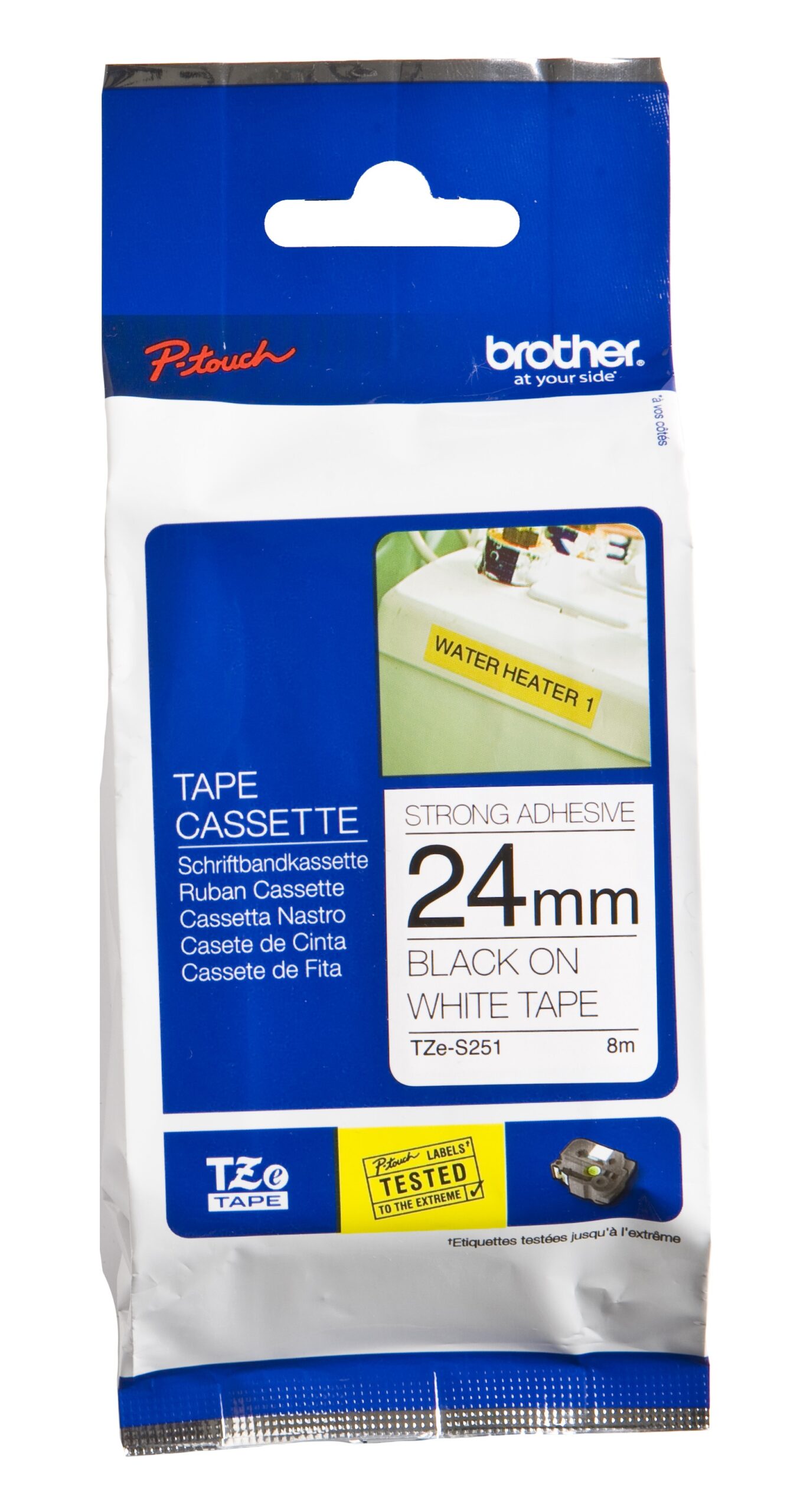 Etiqueta blanca continua laminada con adhesivo super resistente Brother TZES251 – de 24 mm de ancho x 8 mts de largo. Impresión en negro.