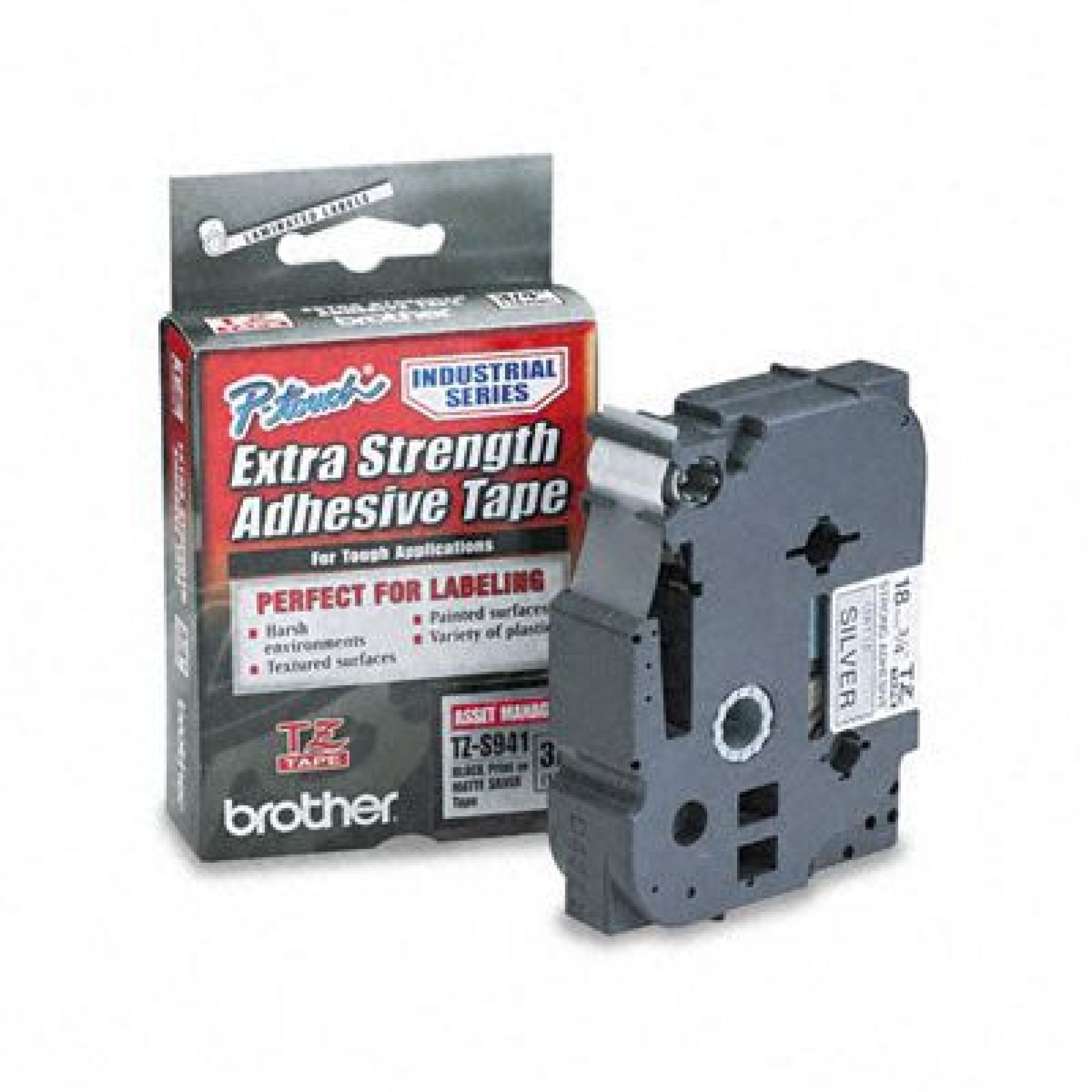 Etiqueta plata continua laminada con adhesivo super resistente Brother TZES941 – de 18 mm de ancho x 8 mts de largo. Impresión en negro.