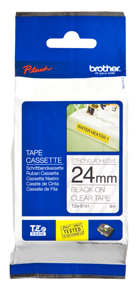 Etiqueta clara continua laminada con adhesivo super resistente Brother TZES151 – de 24 mm de ancho x 8 mts de largo. Impresión en negro.