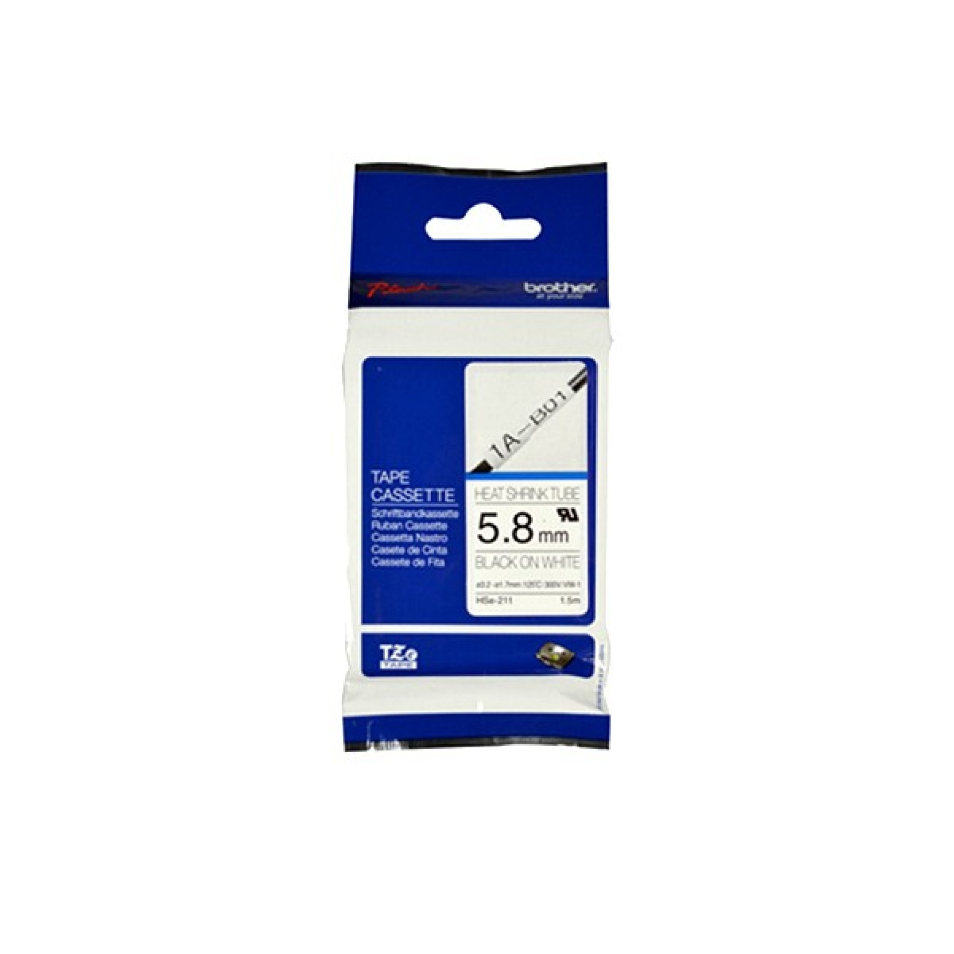 Etiqueta blanca continua termoretráctil Brother HSE211 – de 5.8 mm de diámetro X 1.5 mts de largo. Impresión en negro.