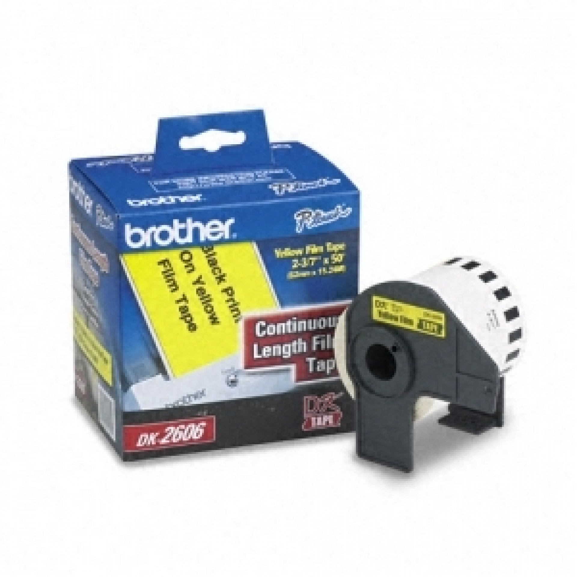 Etiqueta amarilla plástica continua no laminada Brother DK2206 de 62 mm de ancho x 15.2 mts de largo. Impresión en negro. QL800 / QL810W / QL1110NWB. –