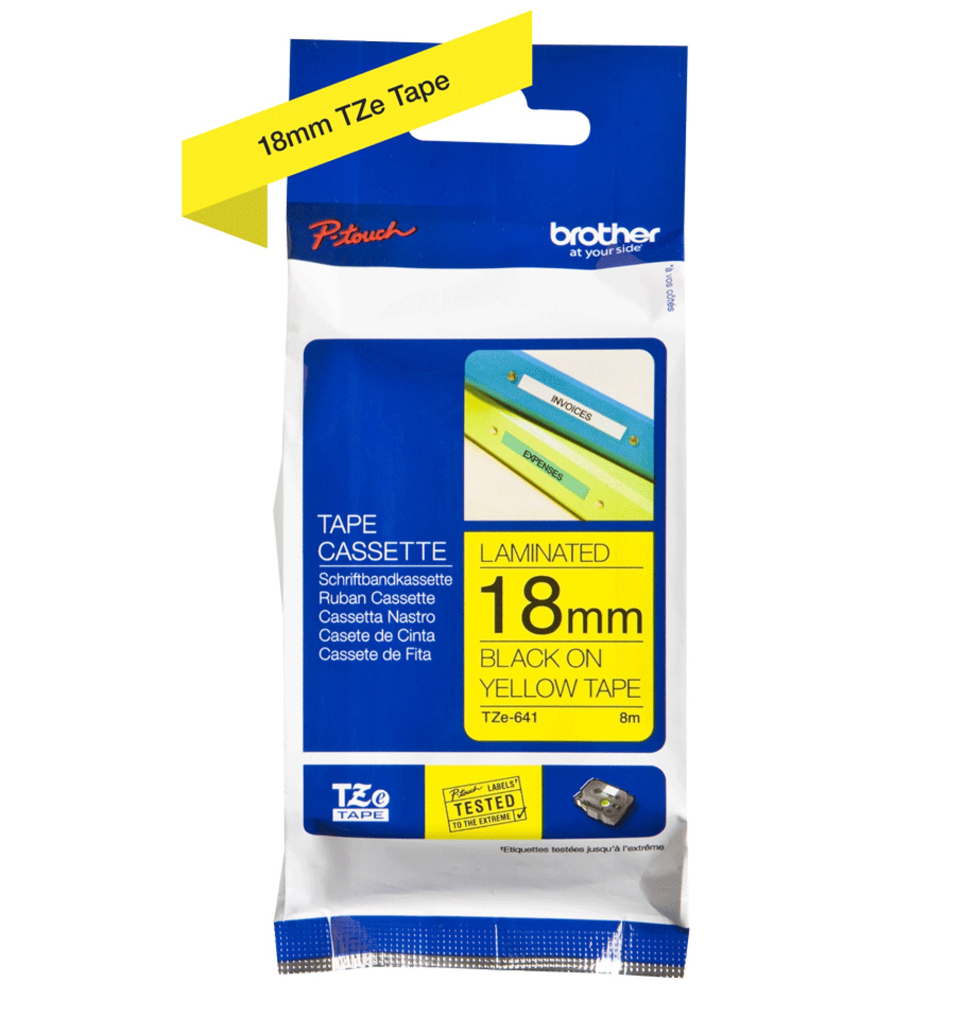 Etiqueta amarilla continua laminada Brother TZE641 – de 18 mm de ancho x 8 mts de largo. Impresión en negro.