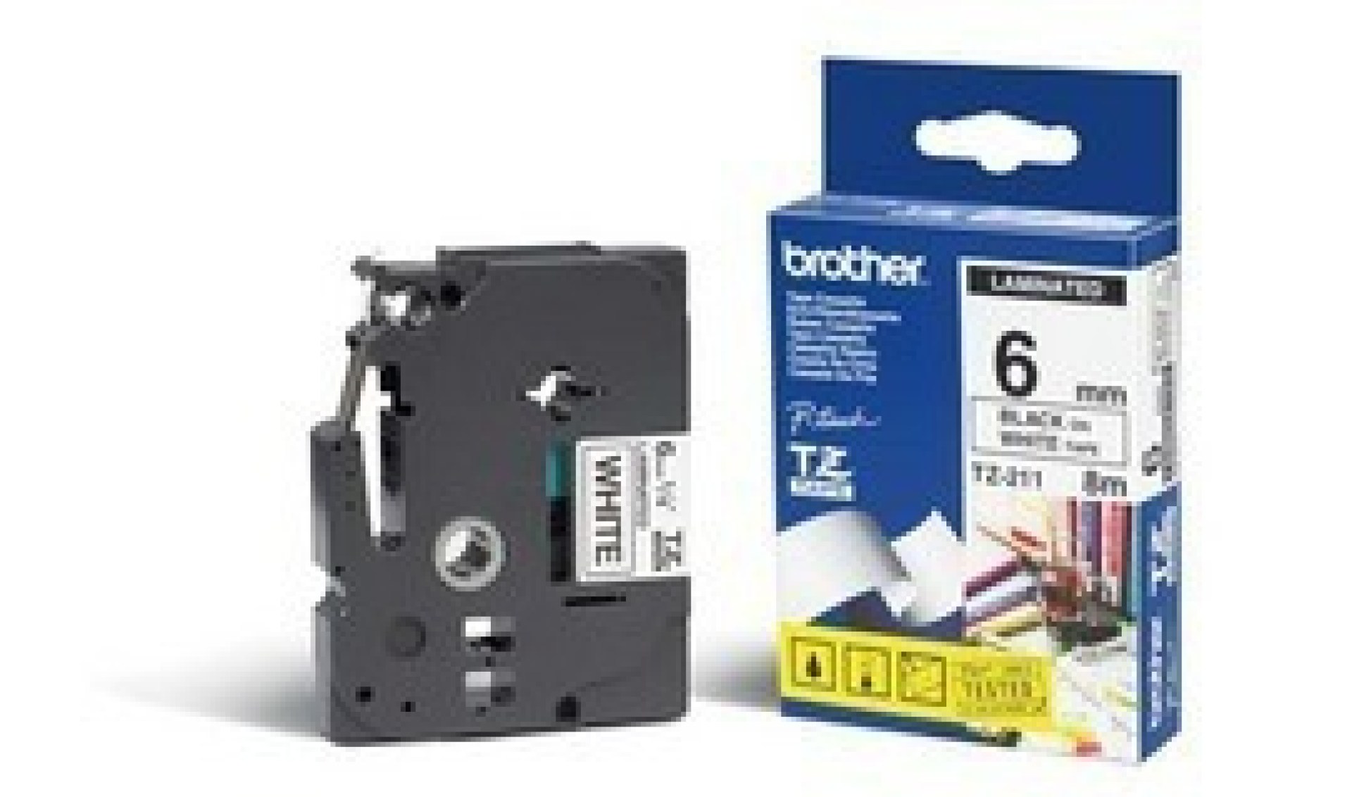 Etiqueta blanca continua laminada Brother TZE211 – de 6 mm de ancho x 8 mts de largo. Impresión en negro.