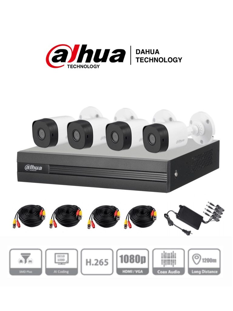 Kit de Videovigilancia  Dahua Technology DH-KIT/XVR1B04-I/4-B1A21N-0360B – 4, 1920 x 1080 Pixeles