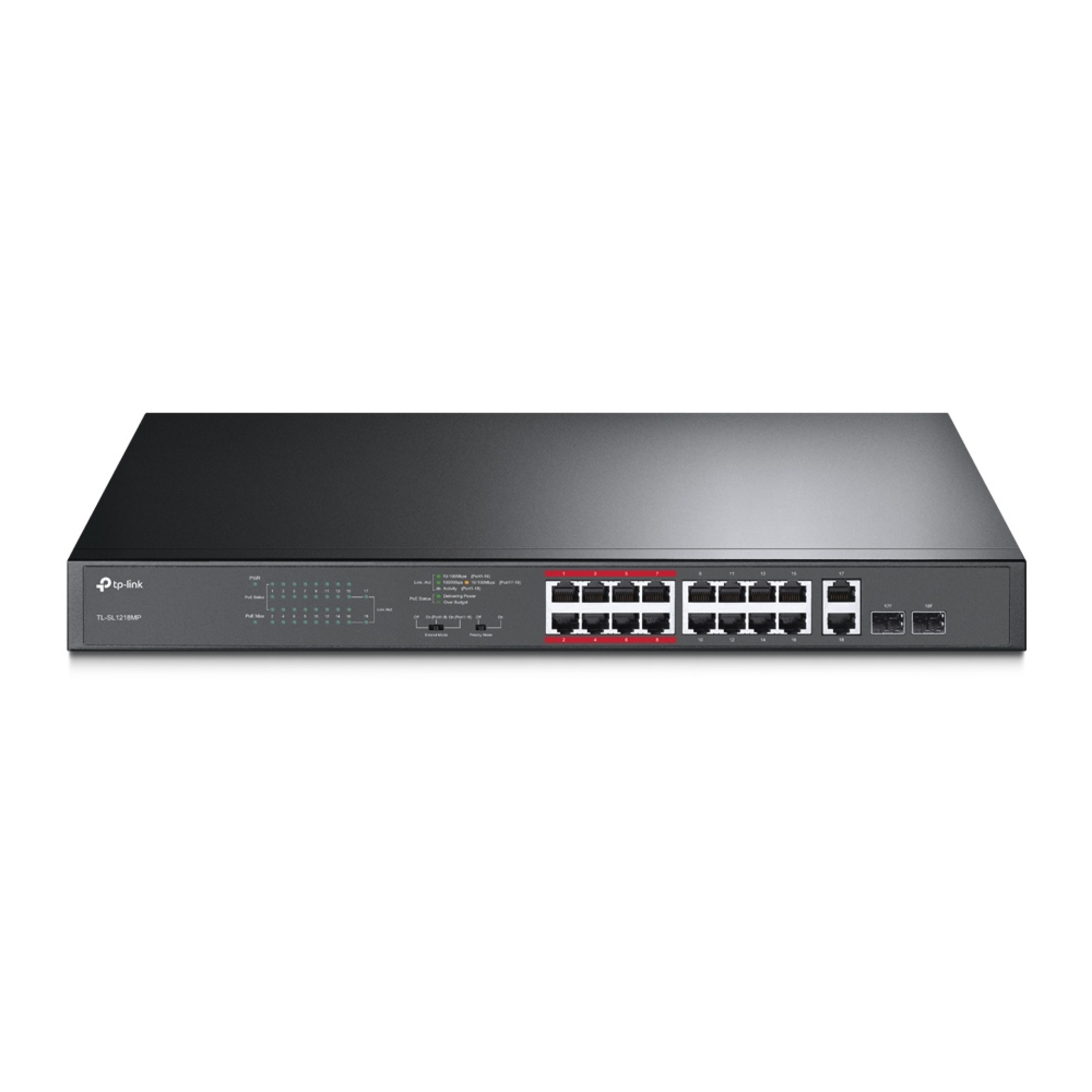 SWITCH POE TP-LINK TL-SL1218MP – 10/100Mbps + 2 Gigabit, Negro, 18, 7W, 16 puertos