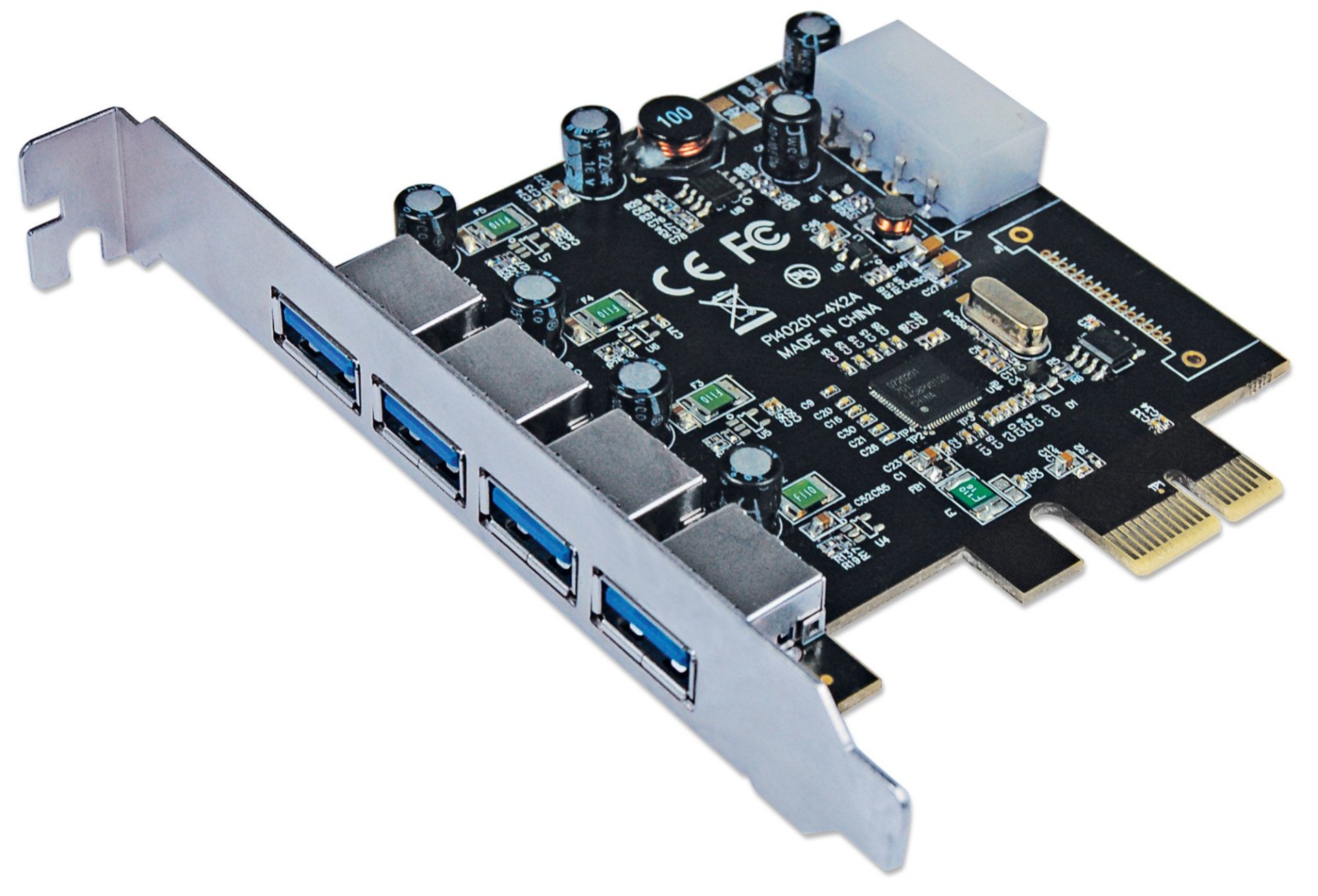 152891 Tarjeta PCI express USB 3.0 de 4 puertos – soporte de perfil estándar, añade cuatro puertos alineados SuperSpeed USB externos.